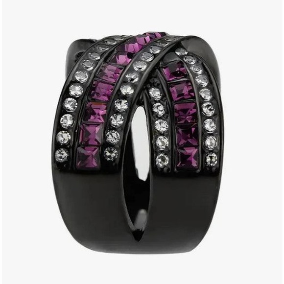 Amethyst Clear Crystal Black Stainless Steel Cross Over Band Ring Size 9 - Picture 4 of 5